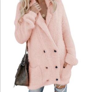 PINK WARM FUZZY DOUBLE-BREASTED POCKETED CARDIGAN